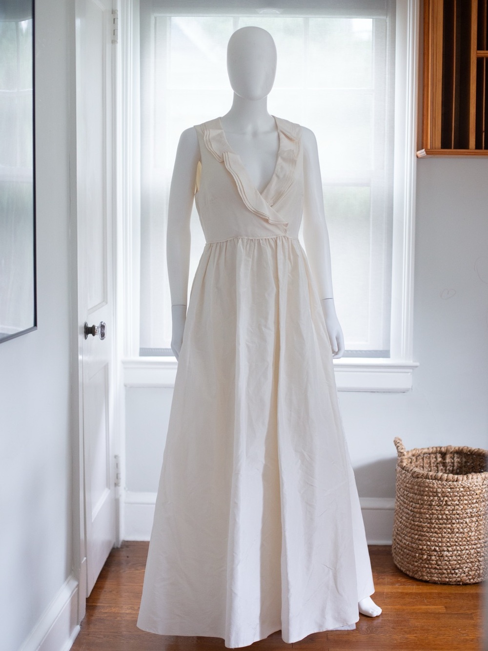 J. Crew Cream Ruffle V-Neck Maxi Dress, Sleeveless, silk taffeta